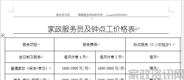 家政服务员及钟点工价格表格模板