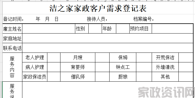 家政客户需求信息登记表
